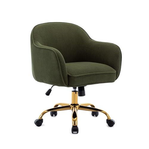 obmedin Home Office Desk Chair with Arms Gold Wheels Modern Velvet Upholstered Rolling Computer Chair Mid-Back Ergonomic Adjustable Swivel Vanity Chair for Bedroom Study Office Green Corduroy