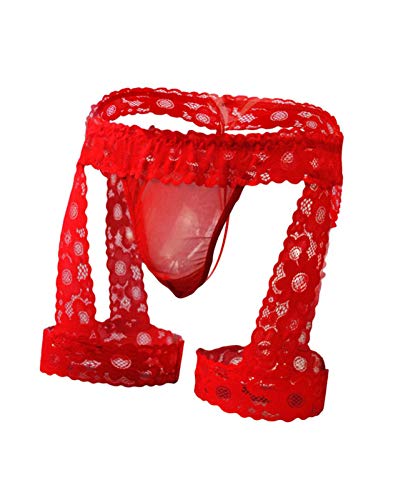 Men's Lingerie Panties Lace Tirm Bulge Pouch G-String Thongs Underwear with Garter