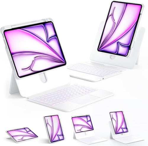 Image of Keyboard Case for iPad 11-inch (A16, 2025) and iPad 10th Gen 10.9-inch with Multi-Touch Trackpad, 360 Rotating Kickstand, Portrait & Raised Modes, Detachable Cover, 7-Color Backlight - White