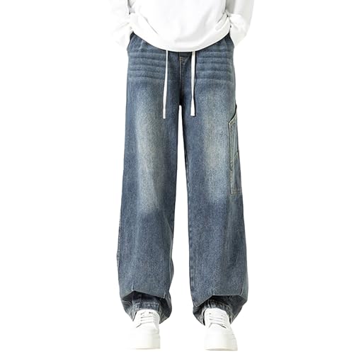 DGHM-JLMY Men's Straight Leg Baggy Jeans Loose Fit Elastic Waist Distressed Denim Pants Fashion Drawstring Trousers