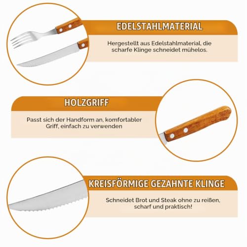 Foto von 30 Stück Steakbesteck Set, Stahl Besteckset mit 15 Steakmesser und 15 Steakgabel, Steakbesteck für 15 Personen, Steakmesser, Nicht Spülmaschinenfest (Braun)