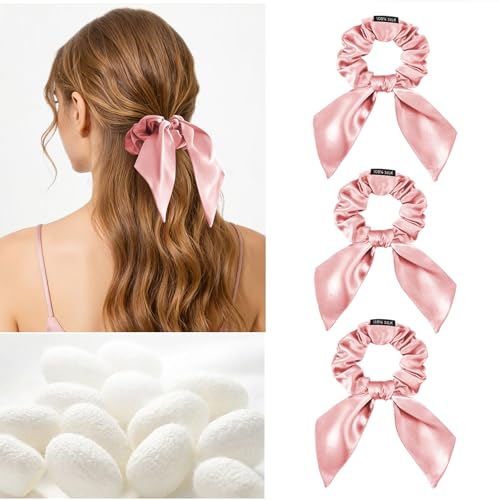 Image of THXSILK 100% Mulberry Silk Bow Scrunchies 3-Pack, 22 Momme Mulberry Silk Hair Ties for Women, Cute Bunny Ear No Damage Ponytail Holders, Fashion Hair Accessories for Girls(M, Charming Pink)