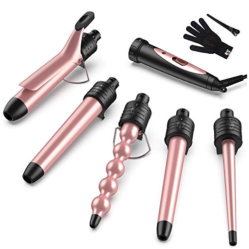 ATMOKO 5 in 1 Curling wand set,Wand Curling Iron Set with 5 pcs Interchangeable Curling Wand Ceramic Barrels, Pro Hair Wand for Beach Loose Wavy with Heat Resistant Glove and Hairpin