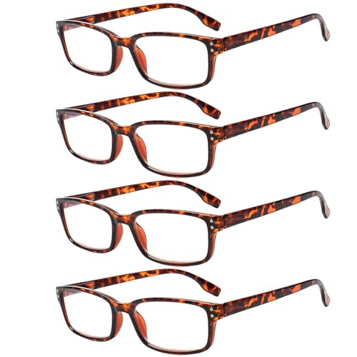 Image of Kerecsen 4 Pack Reading Glasses for Men and Women with Spring Hinges, Lightweight Black Rectangular Readers Eyeglasses (4 Pack Tortoise, 2.00)