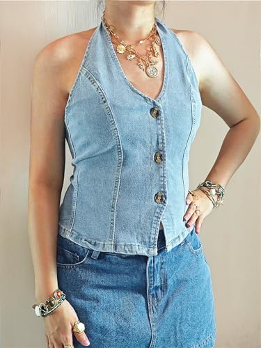Miqil Women Sleeveless Denim Halter Top Backless Halter Neck Button Down Crop Denim Vest V Neck Back Tie Jean Vest2