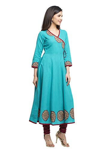 Image of Yash Gallery Women's Cotton Relaxed Fit Anarkali Slub Angrakha Style Kurta
