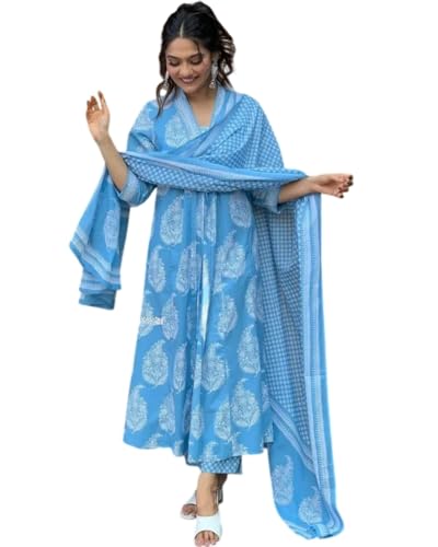 Image of PARTHVI Women's Rayon Blend Anarkali Printed Kurta with Pant & Dupatta & Dupatta