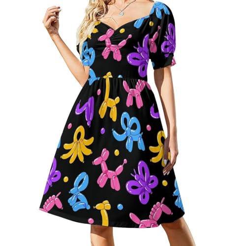 Colorful Dog Balloon Black Short Sleeve Dress Women V Neck Dresses Holiday Petticoat Walking Frock Fashion Dress Working Gowns 2XL