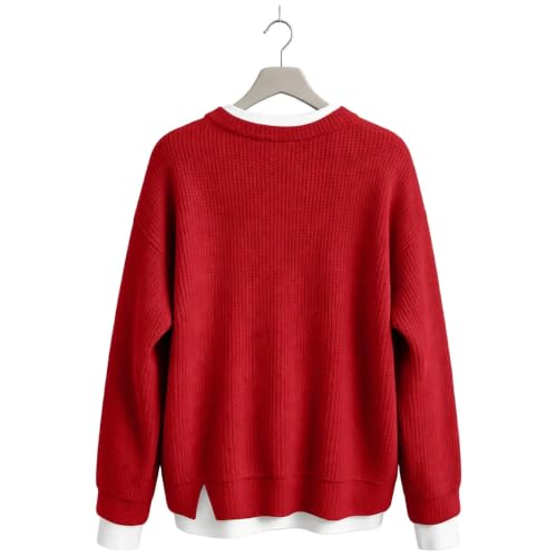 Womens Fall Sweater Crewneck Long Sleeve Layered Look Pullover Oversized - image 7