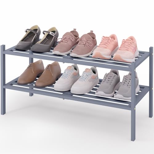 Image of Smiry Bamboo Shoe Rack, 5 Horizontal Slats, 2 Tier - 26.8 inch Wide, Grey