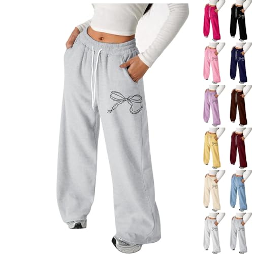 Girl's Bowknot Baggy Sweatpants Y2k Wide Leg Elastic Waist Jogger Teen School Athletic Straight Leg Pants Fall Gift Clothes