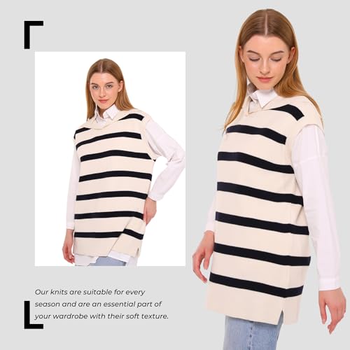 Image of Women's Knitted Sweater | Sleeveless Striped Pattern Long Knit Sweaters | Seasonal Women's Tops Modest Clothing (US, Alpha, Small, Regular, Regular, Navy Blue-Beige)