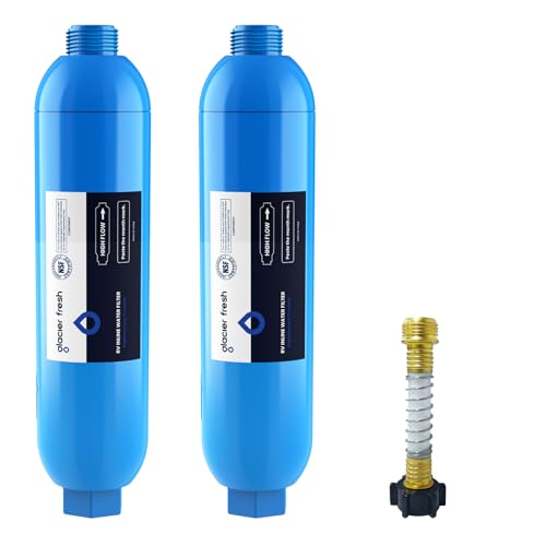 GLACIER FRESH RV/Marine Water Filter with 1 Flexible Hose Protector, Greatly Reduces Bad Taste, Odors, Chlorine and Sediment in Drinking Water, 2 Pack RV Water Filter 2 Count (Pack of 1) Blu