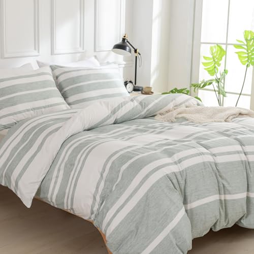 TTCM Funda Nordica Cama 150, Funda Nordica 220 x 240 cm, Incluye 1 Fibra Ultrafina con Estampado Floral Funda Nórdica 220x240 cm + 2 Funda Almohada 50x75 cm, con Cremallera, Verde Rayado