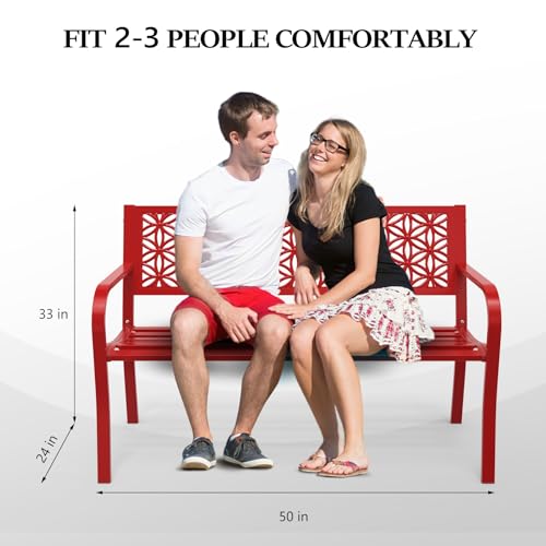 Image of VINGLI 50 inch Outdoor Bench Metal with Floral Back, Garden Bench Front Porch Bench for Yard Patio Entryway Park Outside, 800lb Capacity - Red