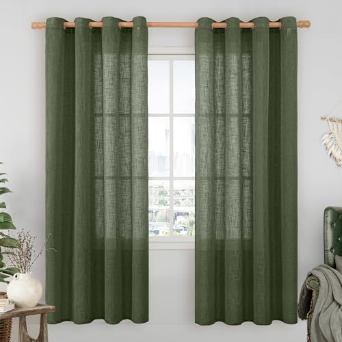 Image of LAMIT Olive Green Linen Sheer Curtains 78 inch for Living Room, Soft Thick Bronze Grommet Light Filtering Boho Window Textured Neutral Christmas Decor Drapes for Bedroom, 2 Panels Set, 52 x 78 Inch