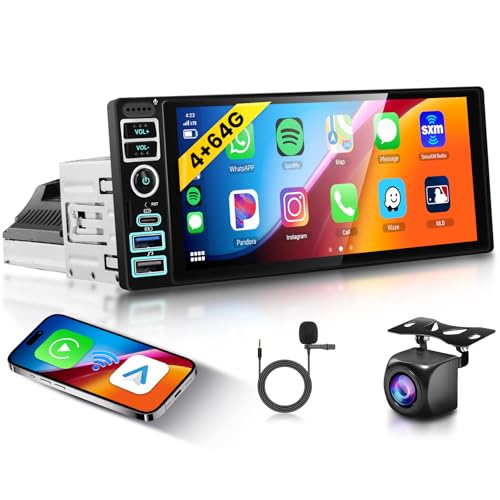 Hodozzy 4GB+64GB Autoradio Android 1 Din Schermo con Wireless CarPlay Android Auto, 6,9 Pollici Touch Screen Auto Stereo con Bluetooth, GPS WIFI DSP Schermo 1 Din Radio FM/RDS USB/Tipo-C, Retromarcia