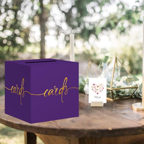 Image of 2 Pack Purple Card Box with Gold Foil Design, Paperboard 8.7 inch Card Box for Birthday Wedding Party Graduation Retirement Anniversary Valentine's Day & Baby Showers, Raffle or Money Box