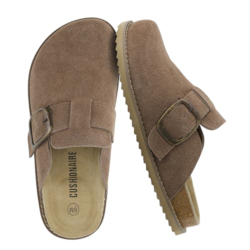 CUSHIONAIRE Blain Genuine Suede Clogs for Women | Slip-On Mules with Memory Foam & Oversized Buckle | Non-Slip Comfort Clogs & Mules Shoes for Women, Taupe 8