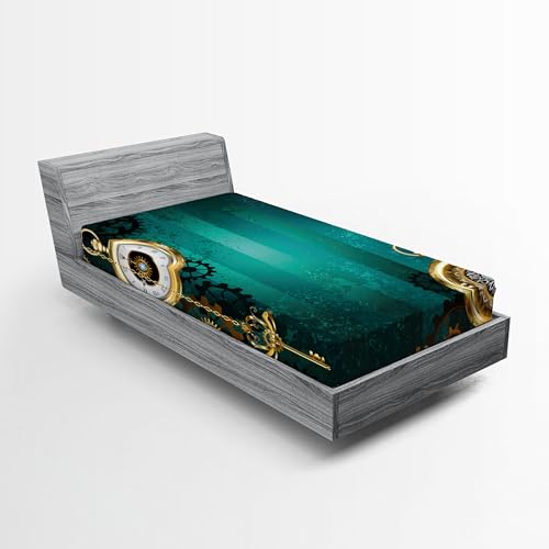 Ambesonne Industrial Fitted Sheet Set, Antique Items Watches Keys and Chains Steampunk Influences Illustration, Decorative Bedding All-Round Elastic Pocket 2 Pcs, Twin Size, Green Gold