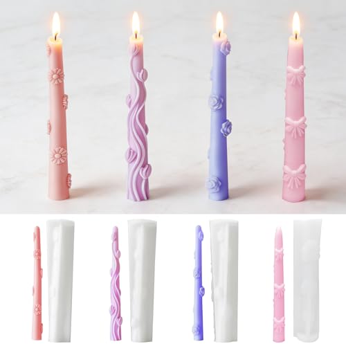 LIKEYO 4 PCS Flower Taper Candle Mold Set - Silicone Candle Stick Mold 3D Flowers Long Pole Mould for DIY Candlestick Making Resin Taper Mould for Soap Wax Clay Crafts & Home Decor