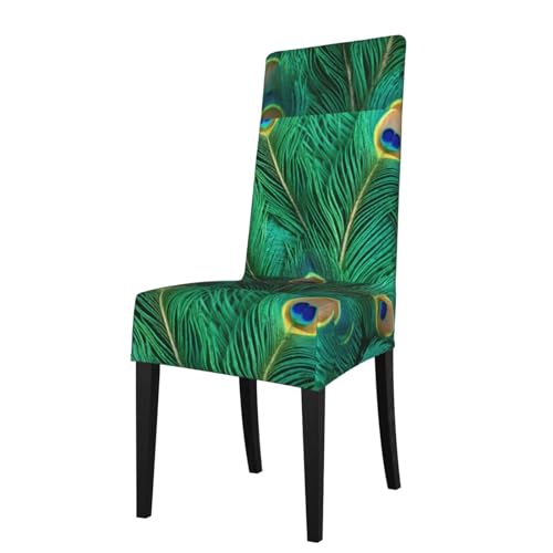 ABYchdd Funda para silla de comedor extraíble y elástica con estampado de plumas de pavo real verde, decoración de silla reutilizable para cocina, hotel y fiesta