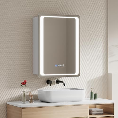 Warmiehomy Badezimmer Spiegelschrank mit Beleuchtung,45x60cm LED Badezimmerschrank mit Spiegel 3 Lichtfarbe Einstellbar | Zeitanzeige | Steckdosen | Touchschalter | Defogger | Weiße Einzeltür