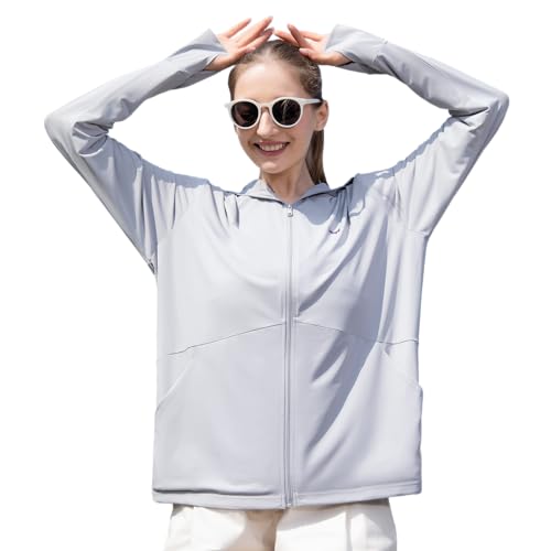 ibonas Sonnen-Kapuzenpullover, UV-Schutz, bequeme Sonnenjacke mit LSF 99+, langärmelig, Reißverschluss, Tasche, Hut zum Wandern, Laufen, Radfahren, Hellgrauer Kapuzenpullover, XL-XXL