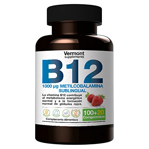 Vitamina B12 Sublingual 1000mcg - 120 Comprimidos Sabor Fresa | Suplemento Vitamínico con Metilcobalamina para el Desarrollo Celular, favoreciendo la producción de Energía | Vermont Supplements