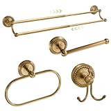 Otoolling 4 Pcs Antique Brass Gold Bathroom Accessories Set Wall-Mounted Towel Rack & Towel Ring & Toilet Paper Holder & Robe Hook, Wall Mounted Brass Vintage Bath Hardware Fixture Set(Double)