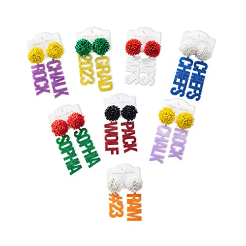 Custom Football Team Earrings for Women Daughter Cheerleading Pom Poms Earrings Personalized Name Number Game Day Sport Drop Dangle Earrings Spirit High School College Holiday Christmas Gifts For Mom
