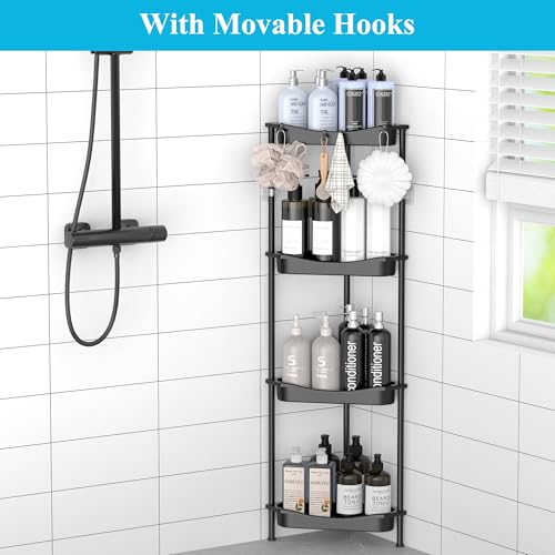 Image of HuggieGems 4 Tier Floor Standing Corner Shower Caddy Organizer Shelf with Hooks, Bathroom Shelves Stand Rack, Jet Black
