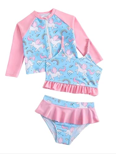 Hansber Kids Girls 3Pcs Outerwear with Swim Top and Briefs Set Printed Sun Protection Swimsuit Rash Guard Swimsuit