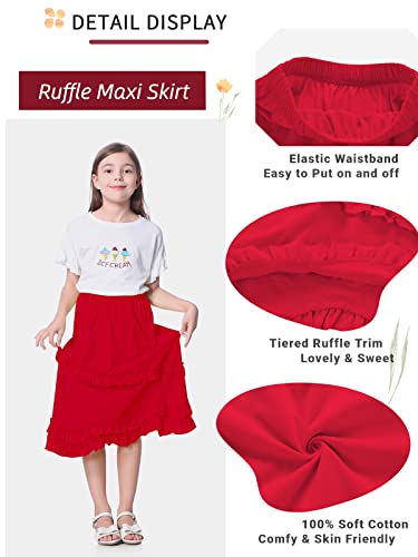 Unacoo Girls Skirts Combed Cotton Casual Midi Swing Skirt Soft Flowy Long Skirts Tiered Ruffle Maxi Skirts Girls Outfit Kids With Elastic Waist For 3-4 Year Red Xs #TOP2