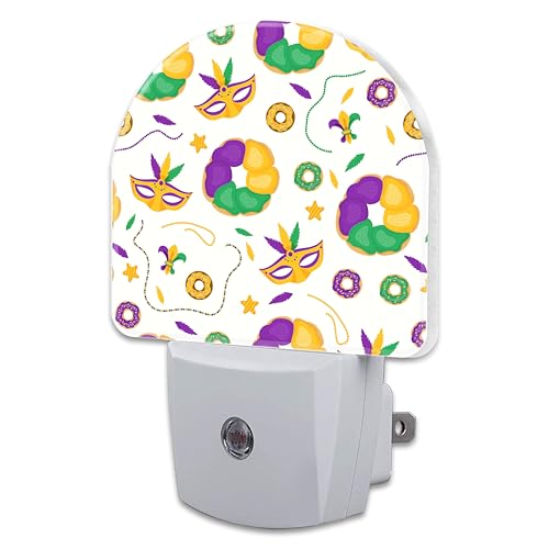 Image of Mardi Gras Carnival Night Light Plug into Wall,Fleur de Lis Mask and Donuts Dusk to Dawn Night Light Plug in,0.5w Energy Saving Sleep Friendly NightLight for Kids Boys Girls Home Decor