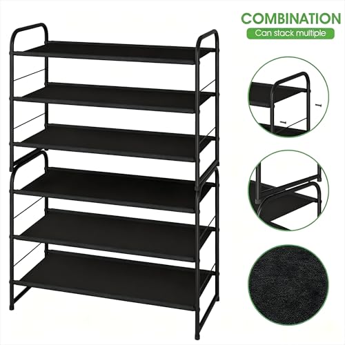 Ekisemio-3-Tier-Stackable-Shoe-Rack--Expandable-Adjustable-Fabric-Shoe-Organizer-Space-Saving-for-Closet-Black