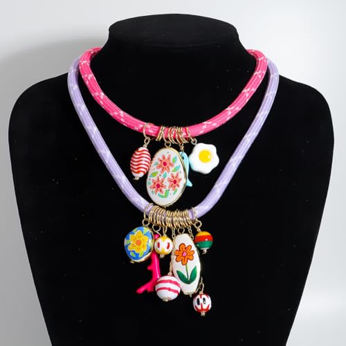 Stylish Double Layered Rope Necklace for Women, Multi-Layer Egg Flower Printed Fish Porcelain Pendant Charms Rope Necklaces, Summer Beach Festival Jewelry Gift3
