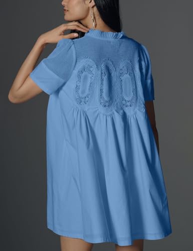 Image of Shiyifa Womens Babydoll Lace Patchwork Dresses Summer Short Sleeve Ruffle Sundress Loose Crew Neck A-Line Dresses