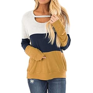 Topstype-Womens-Long-Sleeve-Tunics-Color-Block-Cutout-Sweatshirt-Loose-Fit-Tops Topstype Women's Fall Color Block Chest Cutout Tunics Long Sleeve Shirts Scoop Neck Blouse Casual Loose Fit Tops A-yellow