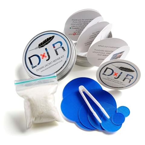 Complete Down Jacket Repair Kit - Kit-in-a-Tin - Self-Adhesive Repair Patches and Goose Down Top-Up for Down Jackets and Sleeping Bags/Bedrolls (Royal Blue) Cover