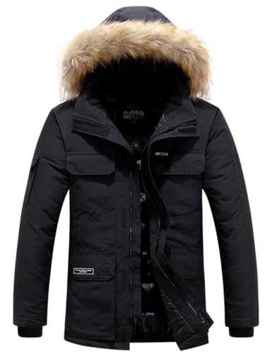 Men’s Hooded Puffer Jacket Winter Warm Quilted Parka Windbreaker Multi-Pockets Padded Coat with Faux Fur Removable Hood1