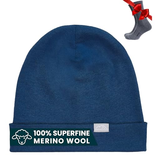 Merino Wool Beanie Men and Women – Novelty Cuff Merino Wool Hats for Men and Women - Unisex Adult Beanie Hat and Socks (Denim, Large-XLarge)