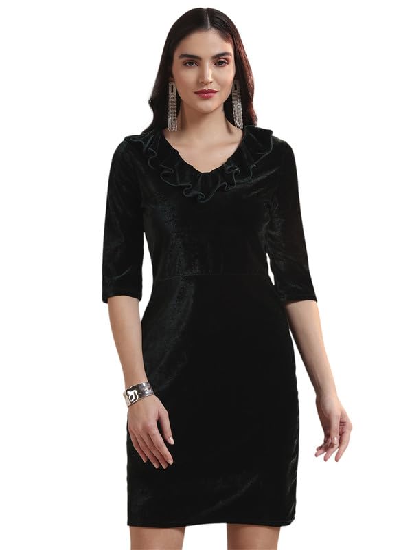 Image of Vaararo V-Neck Party Dress for Women Bodycon | Shiny Velvet Half Sleeves Above Knee Length Outfit