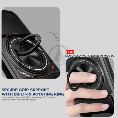 Image of AESTMO Motorola Moto Edge 70 Max 5G Back Cover | Armor Camera Slider 360 Degree Rotating Finger Ring Holder Case with Bracket Stand Back Case Cover (Compatible with MagSafe Accessories) (Black)