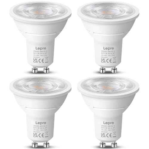 Lepro GU10 LED Bulbs Warm White, A Energy Class, 360LM, 2W (50W Equivalent), 38° Beam Angle, 50000H Life Span, 96% Energy Saving Spotlight Bulb, Non-Dimmable, 4 Packs
