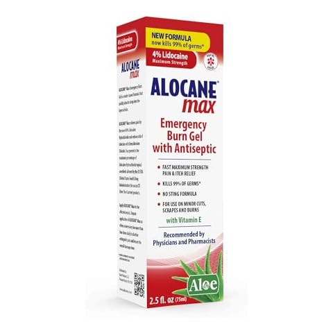 Alocane Emergency Burn Gel, 4% Lidocaine Maximum Strength Fast Pain and Itch Relief for Minor Burns, Sunburn, Kitchen, Radiation, Chemical, First Degree Burns, First Aid Treatment Burn Care 2.5 Fl Oz Cover
