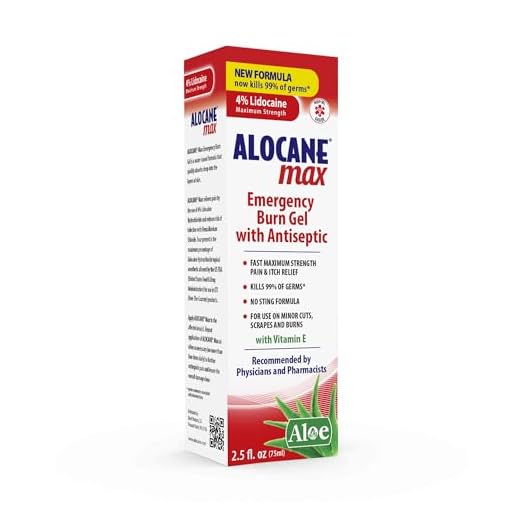 Alocane Max Emergency Burn Gel, 4% Lidocaine Hydrochloride, Antiseptic Kills 99% of Germs, Maximum Strength Pain and Itch Relief, for Sunburns, First Aid Burn Gel with Aloe Vera– 2.5 fl oz