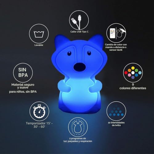 Miniatura 6 de Glinrui Fox - Lámpara De Noche Con Luces Nocturnas, Luz De Dormitorio Para Niños, Lámparas De Guardería De Bebé, Resistente A La Rotura, Cuidado De Los Ojos, Brillo Ajustable, Color Y Ajuste De Tiempo
