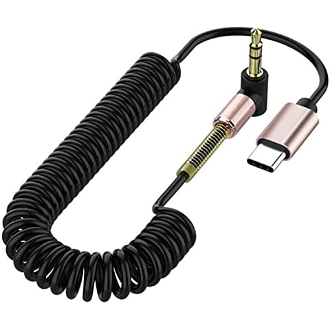 GELRHONR Coild USB C to 3.5mm Audio AUX Jack Cable,Right Angle 3.5mm to Type C Spring Cable,Gold Plated 90 Degree 3.5mm Male Headphone Stereo Car Cable-Max 1.5M Cover