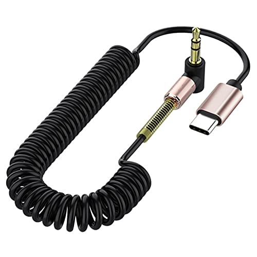 GELRHONR Coiled USB-C vers 3,5mm Audio Câble, câble à ressort à angle droit 3,5 mm vers type C, câble audio plaqué or 90 degrés 3,5 mm Mâle Car Aux Câble- Max 1,5 m